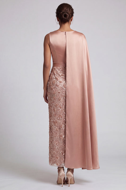 Long Sparkly Dusty Rose Sheath Sequin Mother of the Bride Dress with Side Cape