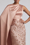 Long Sparkly Dusty Rose Sheath Sequin Mother of the Bride Dress with Side Cape