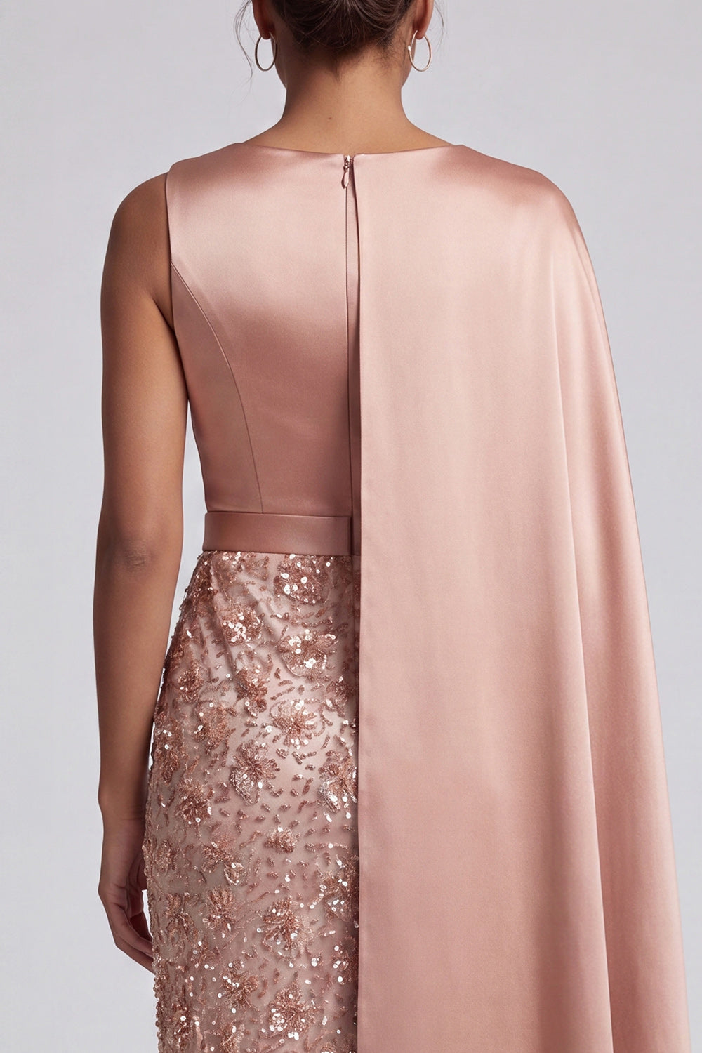 Long Sparkly Dusty Rose Sheath Sequin Mother of the Bride Dress with Side Cape
