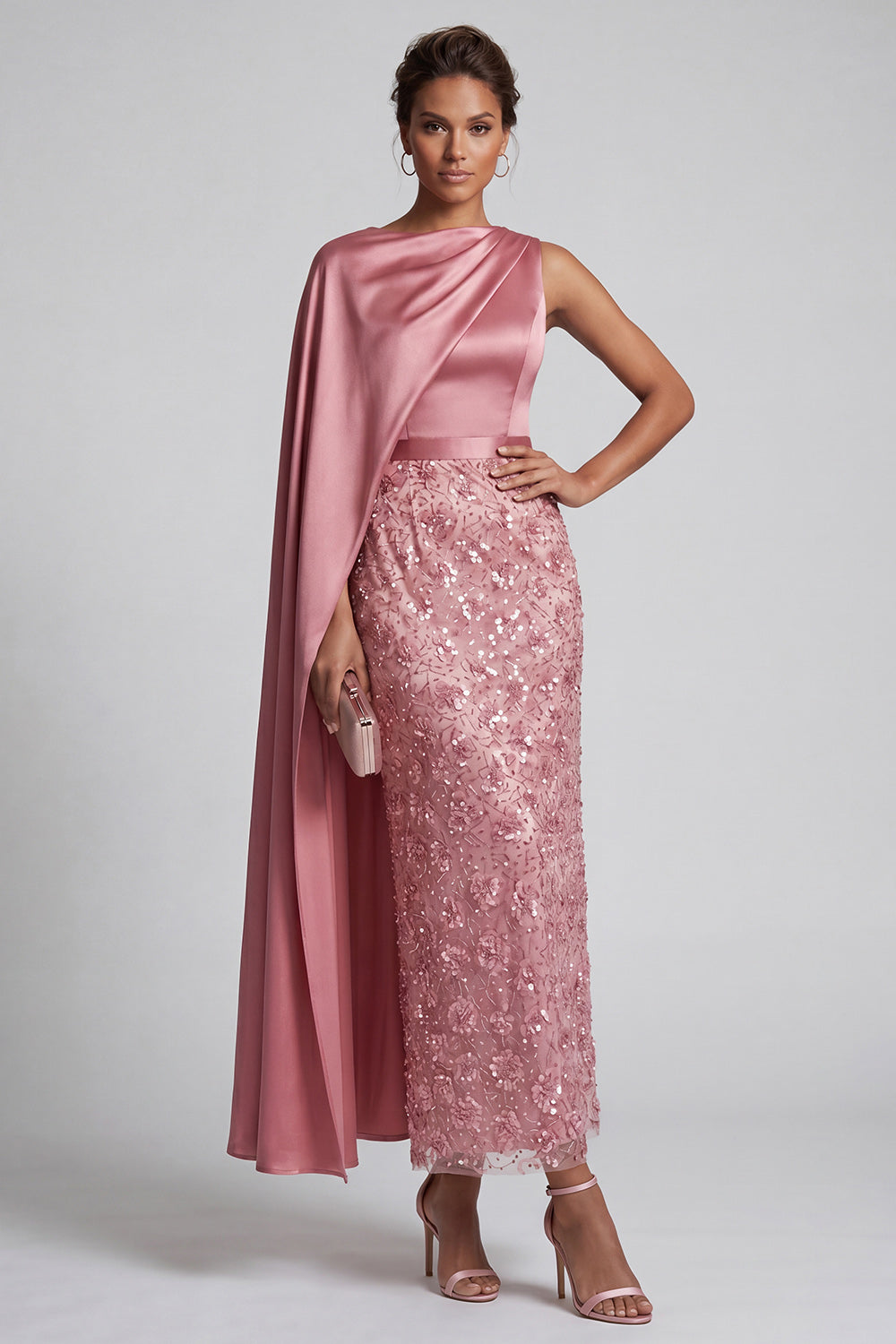 Long Sparkly Dusty Rose Sheath Sequin Mother of the Bride Dress with Side Cape