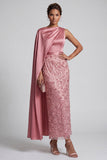 Long Sparkly Dusty Rose Sheath Sequin Mother of the Bride Dress with Side Cape
