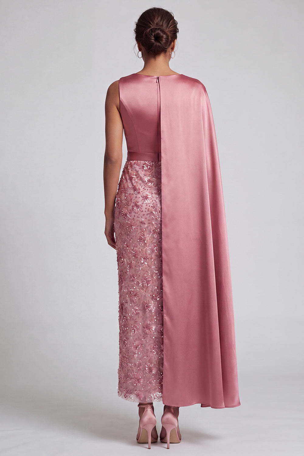 Long Sparkly Dusty Rose Sheath Sequin Mother of the Bride Dress with Side Cape