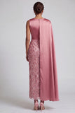 Long Sparkly Dusty Rose Sheath Sequin Mother of the Bride Dress with Side Cape