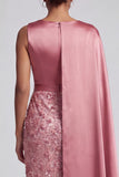 Long Sparkly Dusty Rose Sheath Sequin Mother of the Bride Dress with Side Cape