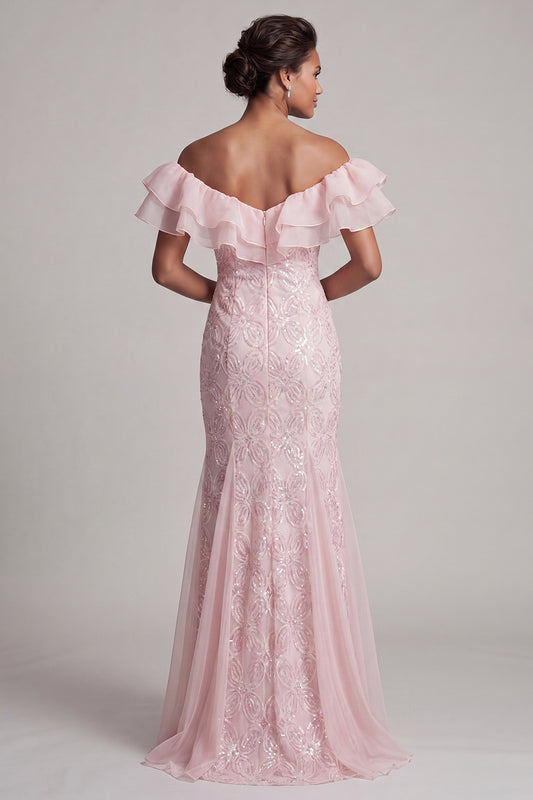 Sparkly Light Pink Long Mermaid Sequin Mother of the Bride Dress with Ruffles