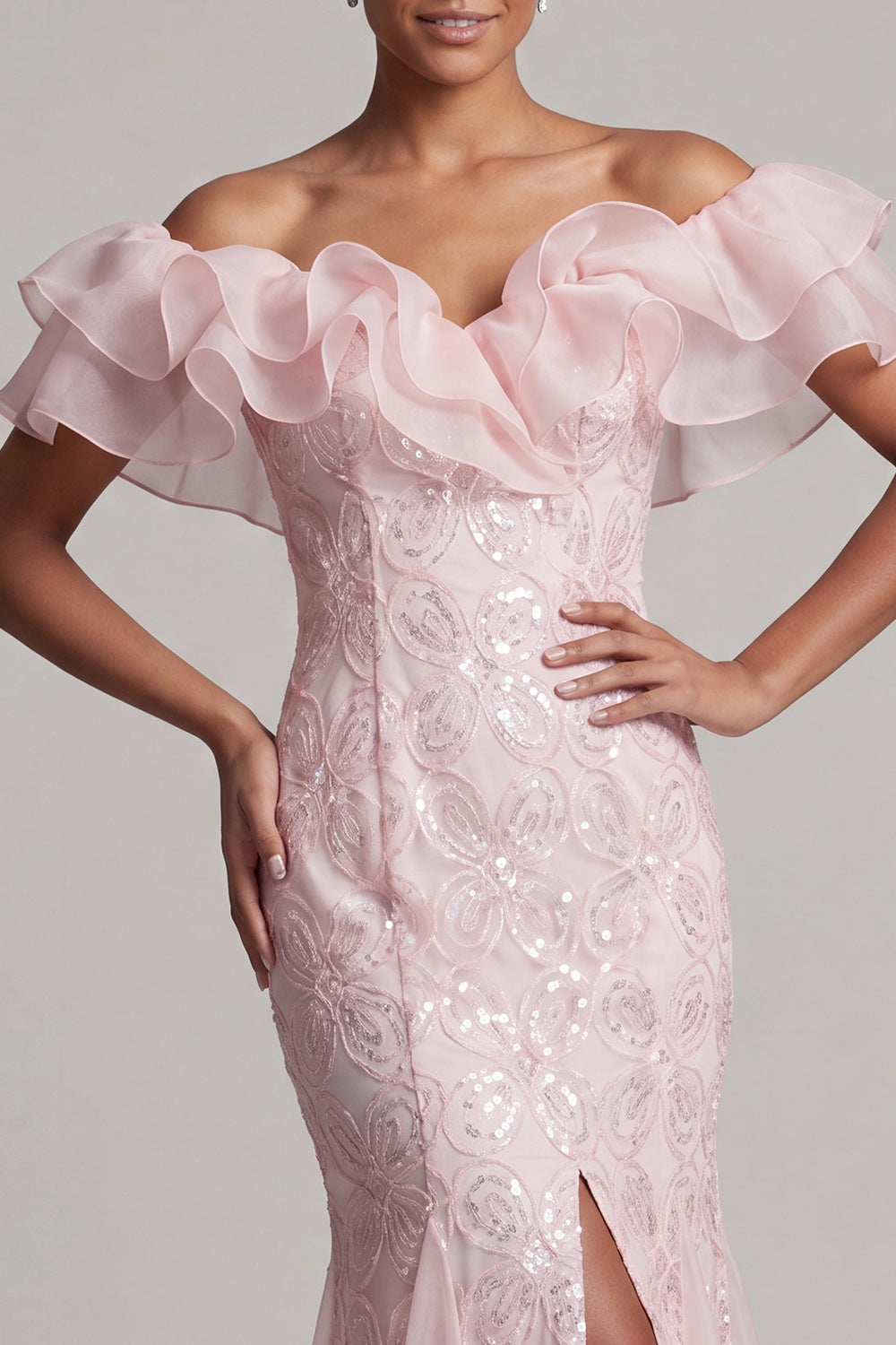 Sparkly Light Pink Long Mermaid Sequin Mother of the Bride Dress with Ruffles