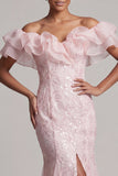 Sparkly Light Pink Long Mermaid Sequin Mother of the Bride Dress with Ruffles