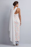 Sparkly Light Green Long Sheath Sequin Mother of the Bride Dress with Side Cape
