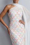 Sparkly Light Green Long Sheath Sequin Mother of the Bride Dress with Side Cape
