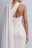 Sparkly Light Green Long Sheath Sequin Mother of the Bride Dress with Side Cape