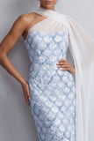 Sparkly Light Green Long Sheath Sequin Mother of the Bride Dress with Side Cape