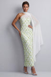 Sparkly Light Green Long Sheath Sequin Mother of the Bride Dress with Side Cape
