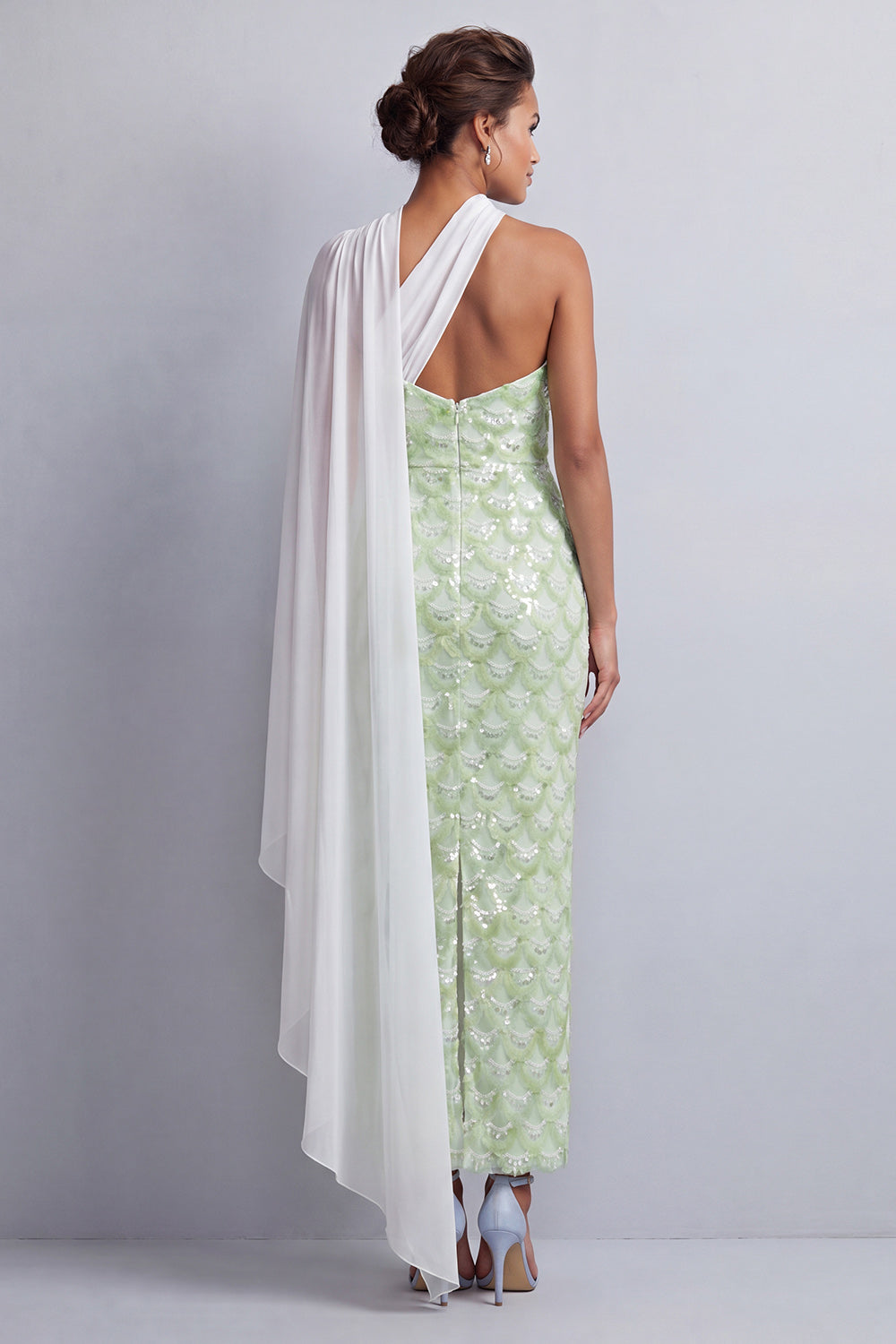 Sparkly Light Green Long Sheath Sequin Mother of the Bride Dress with Side Cape