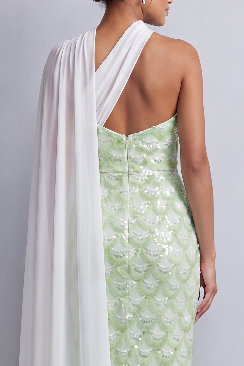 Sparkly Light Green Long Sheath Sequin Mother of the Bride Dress with Side Cape