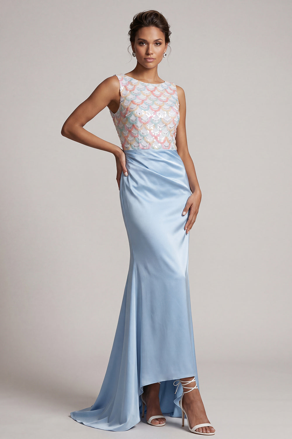 Sparkly Light Blue Long Ruched Mermaid Mother of the Bride Dress