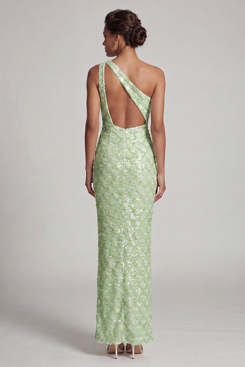 Zapakasa Women Sparkly Light Green Long Mother of the Bride Dress One Shoulder Sequin Keyhole Sheath Wedding Guest Dress
