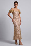 Sparkly Champagne Sequin Mermaid Long Mother of the Bride Dress with 3D Flowers