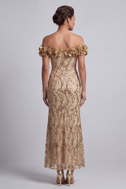 Sparkly Champagne Sequin Mermaid Long Mother of the Bride Dress with 3D Flowers
