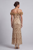 Sparkly Champagne Sequin Mermaid Long Mother of the Bride Dress with 3D Flowers