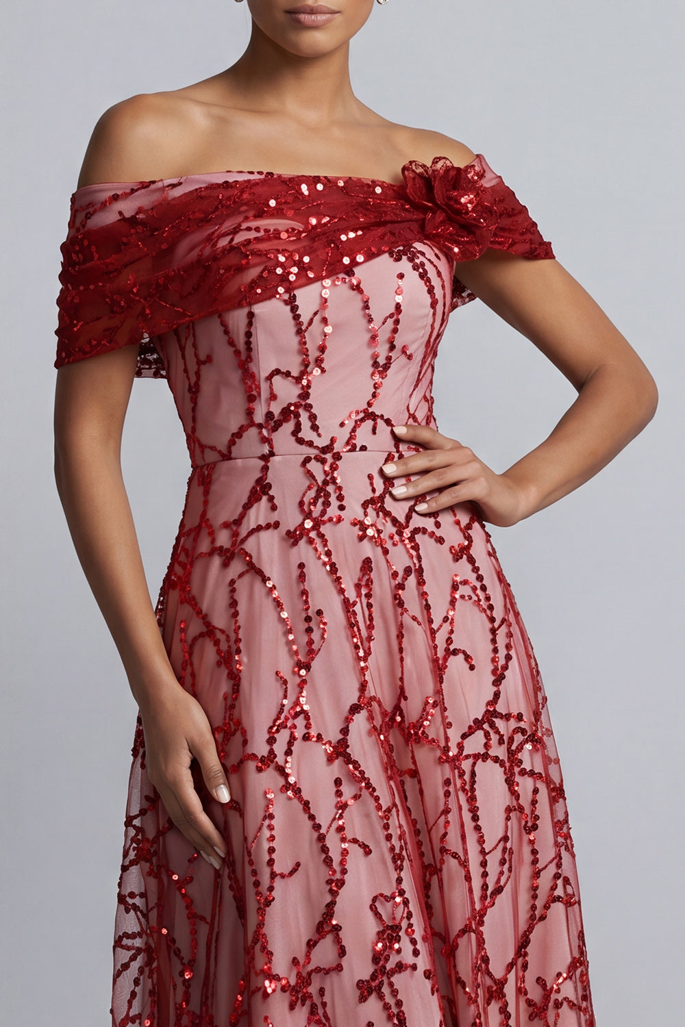 Sparkly Floral Pink Beaded A-Line Long Mother of the Bride Dress