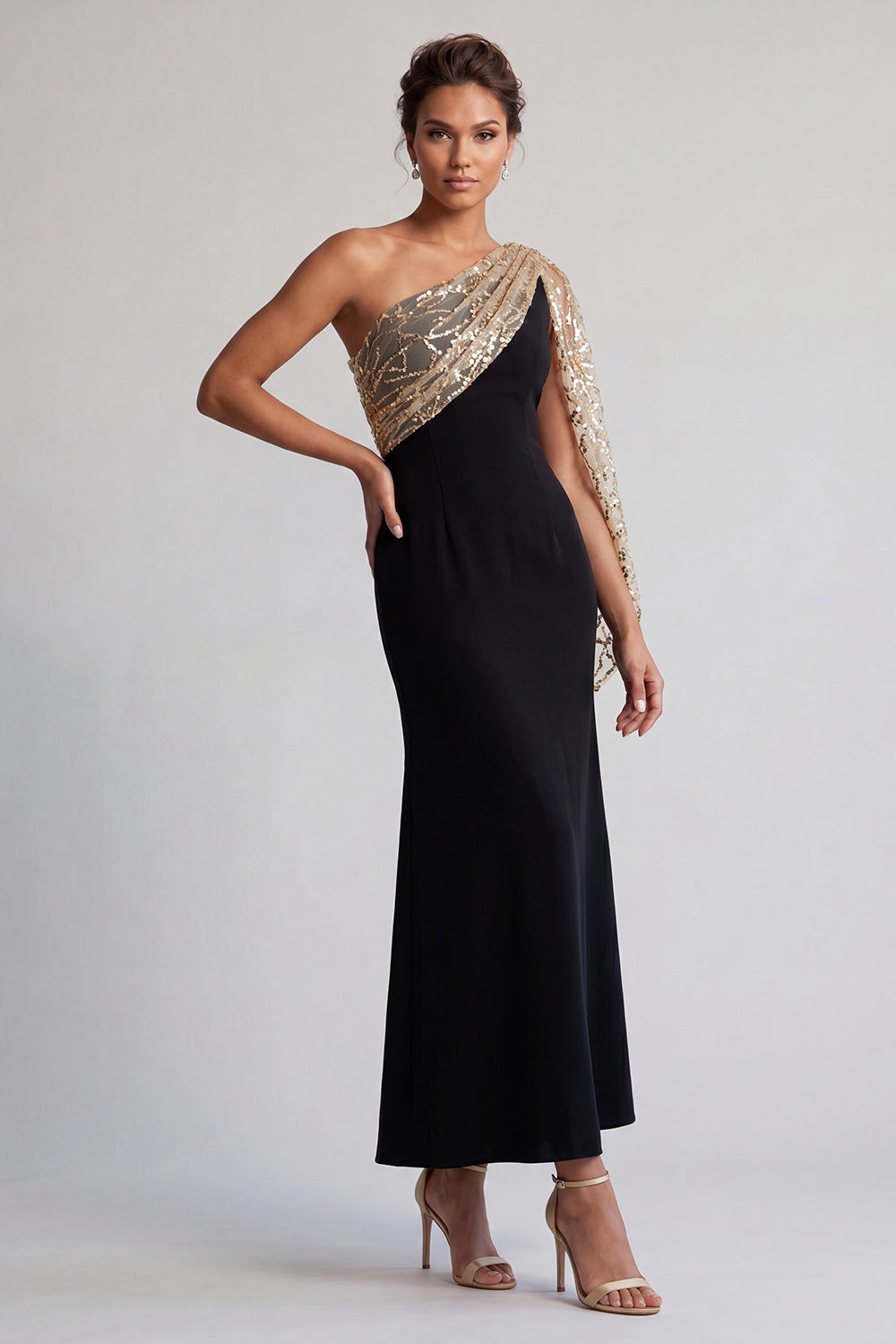 Sparkly Black and Champagne Sequin Mermaid Long Mother of the Bride Dress