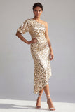 Green Sparkly Sequin Mermaid Asymmetrical Mother of the Bride Dress with Sleeve