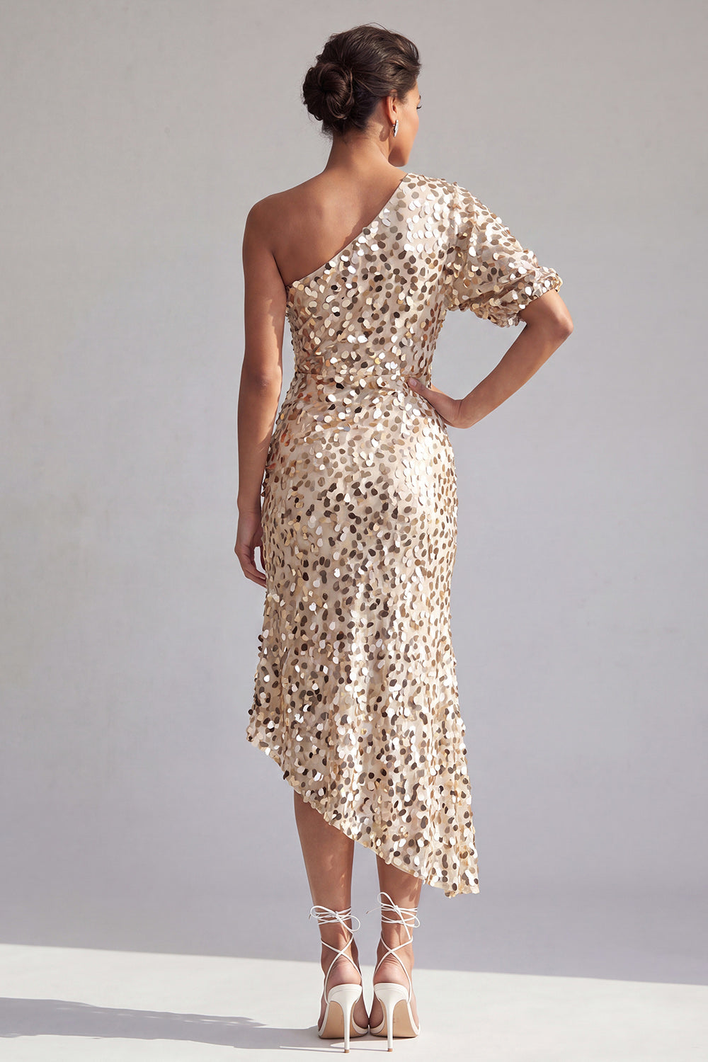 Green Sparkly Sequin Mermaid Asymmetrical Mother of the Bride Dress with Sleeve