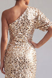 Green Sparkly Sequin Mermaid Asymmetrical Mother of the Bride Dress with Sleeve