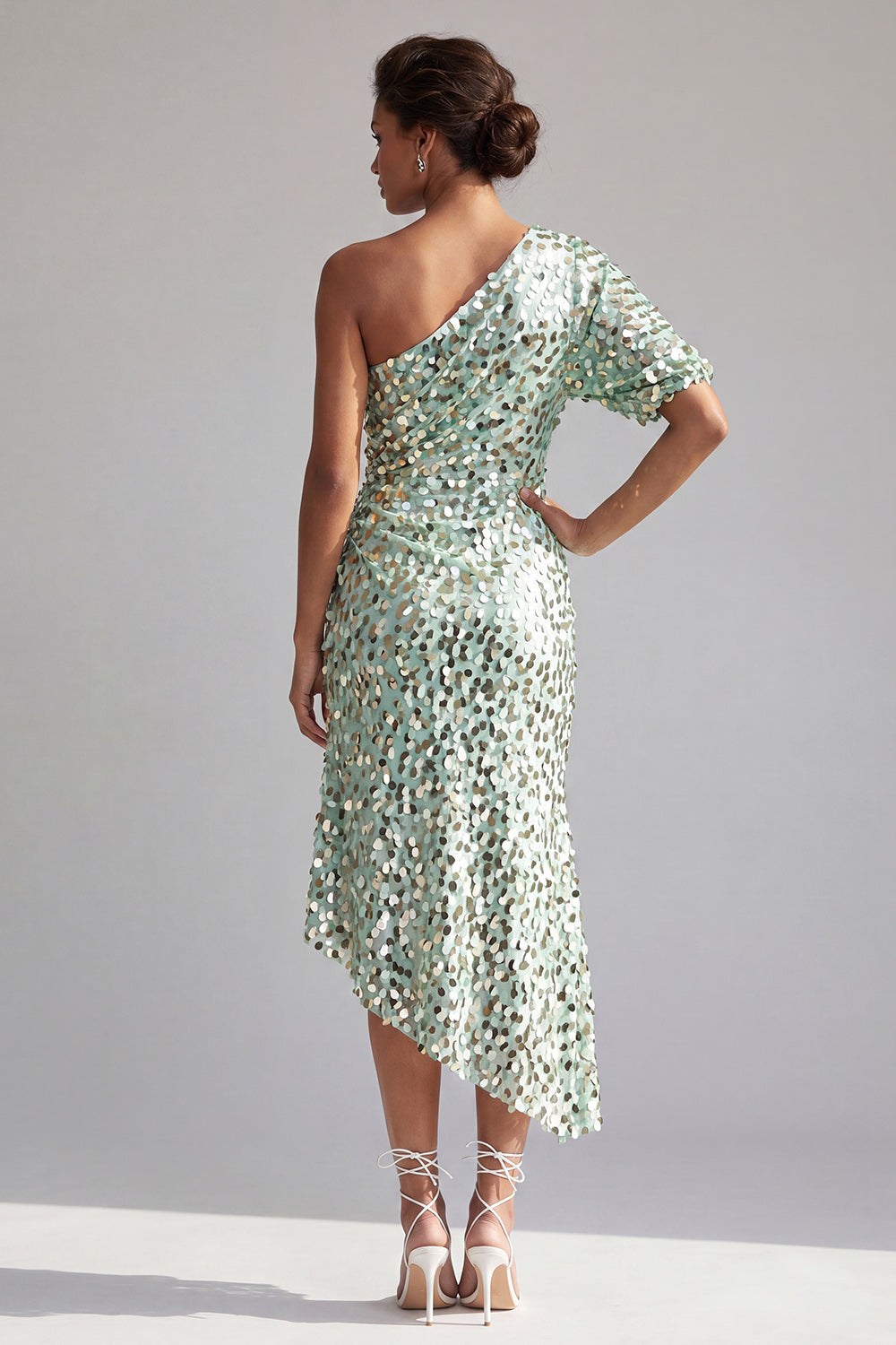 Green Sparkly Sequin Mermaid Asymmetrical Mother of the Bride Dress with Sleeve