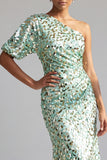 Green Sparkly Sequin Mermaid Asymmetrical Mother of the Bride Dress with Sleeve