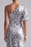 Green Sparkly Sequin Mermaid Asymmetrical Mother of the Bride Dress with Sleeve