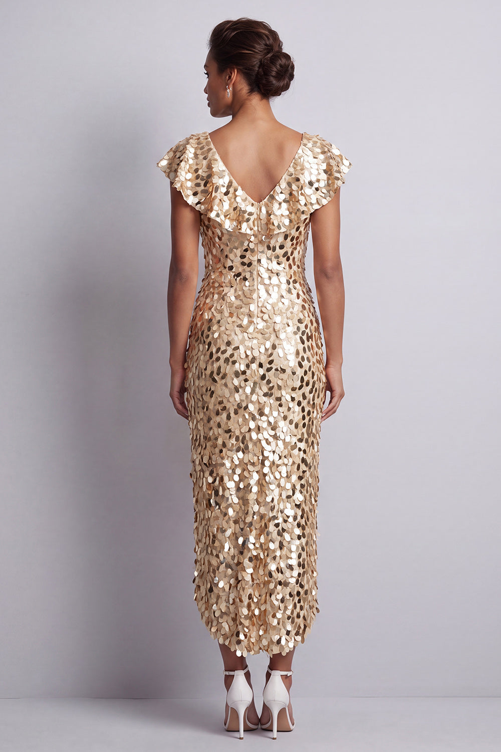 Champagne Sparkly Sequin Sheath High-Low Mother of the Bride Dress with Ruffles