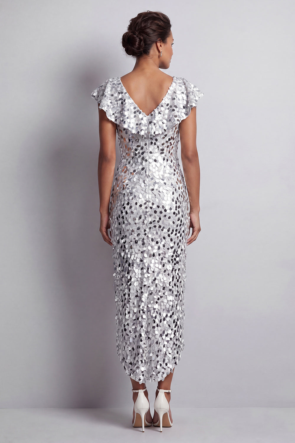 Champagne Sparkly Sequin Sheath High-Low Mother of the Bride Dress with Ruffles