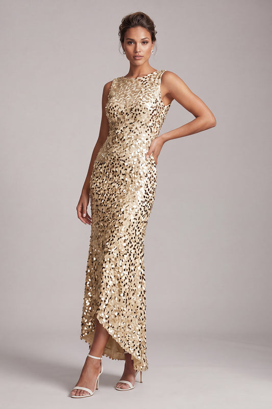 Sparkly Champagne Sequin Boat Neck Long Mother of the Bride Dress