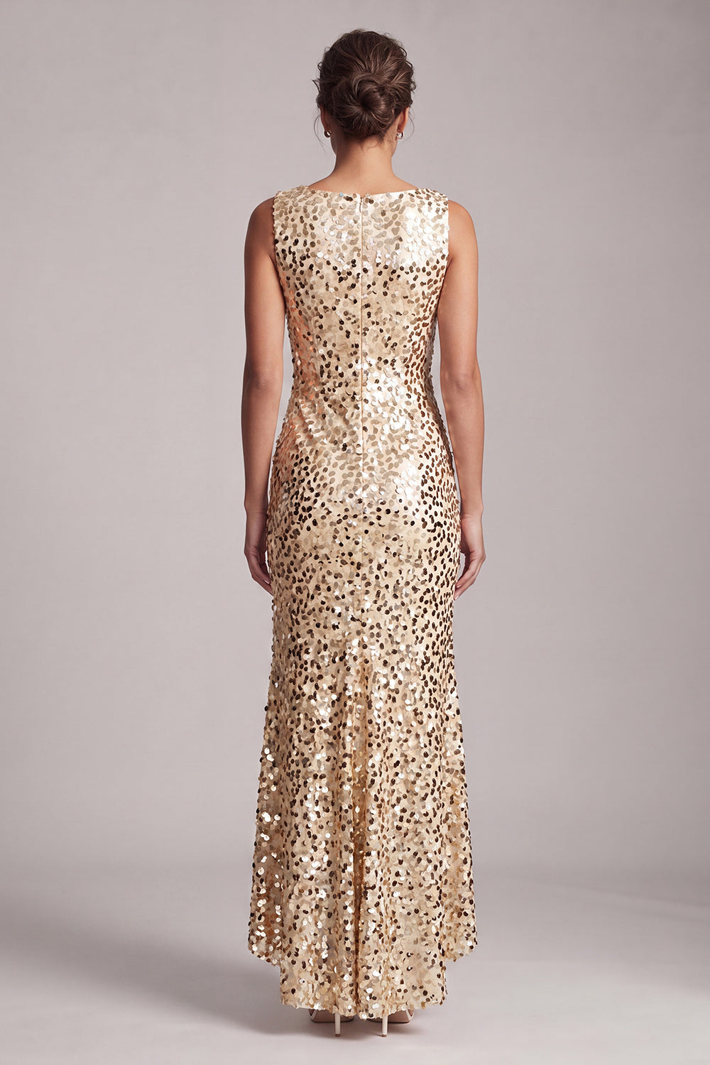 Sparkly Champagne Sequin Boat Neck Long Mother of the Bride Dress