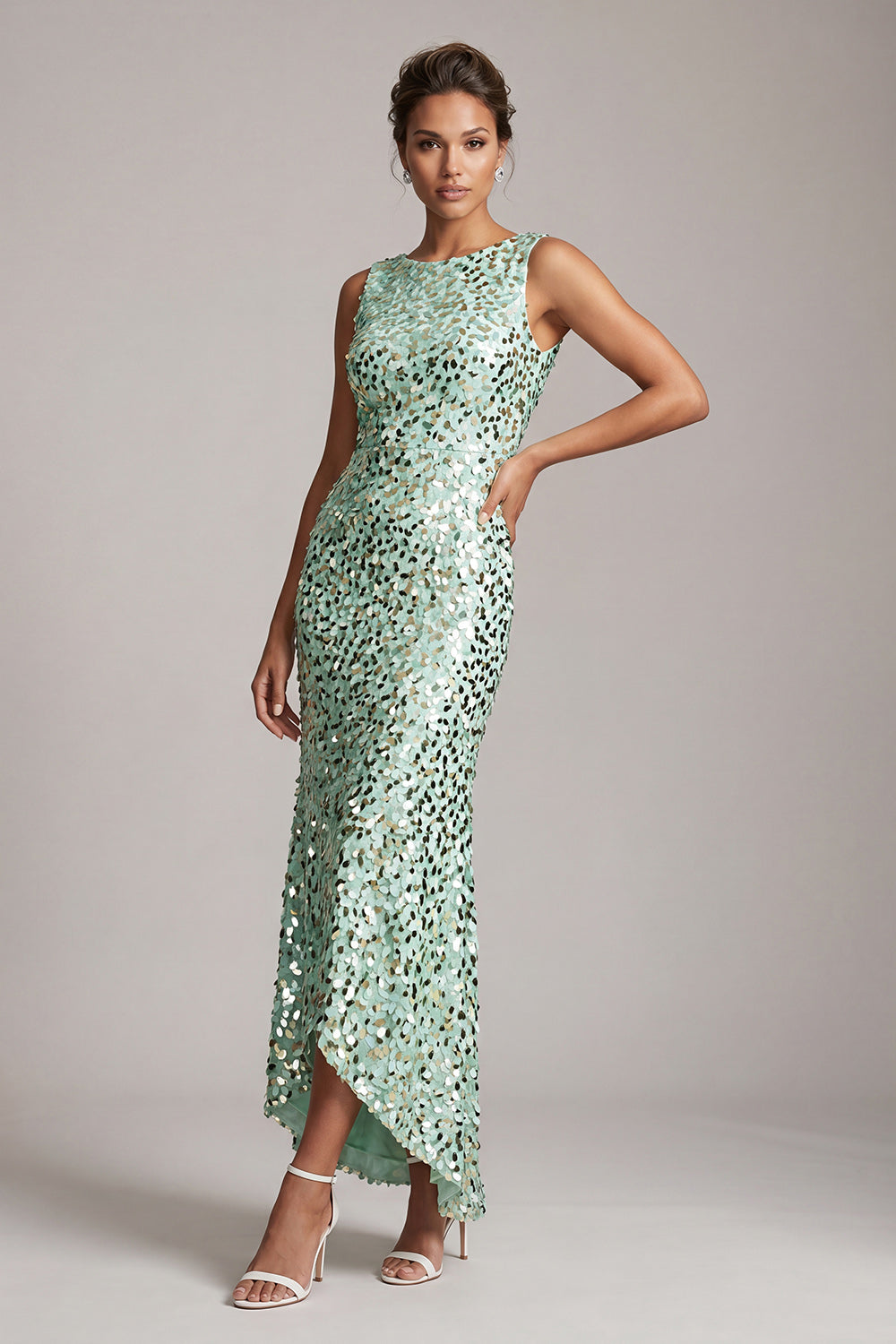 Sparkly Champagne Sequin Boat Neck Long Mother of the Bride Dress
