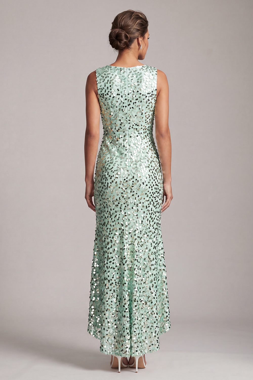 Sparkly Champagne Sequin Boat Neck Long Mother of the Bride Dress