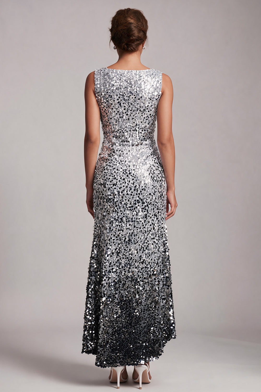 Sparkly Champagne Sequin Boat Neck Long Mother of the Bride Dress