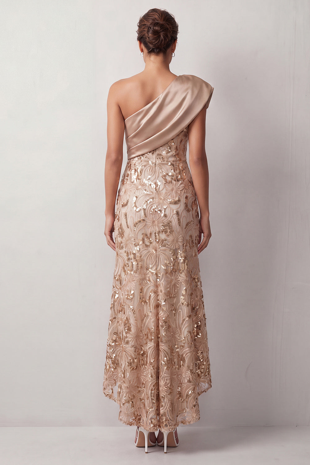 Floral Green Sparkly Sequin One Shoulder High-Low Mother of the Bride Dress