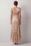 Floral Green Sparkly Sequin One Shoulder High-Low Mother of the Bride Dress