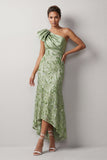 Floral Green Sparkly Sequin One Shoulder High-Low Mother of the Bride Dress
