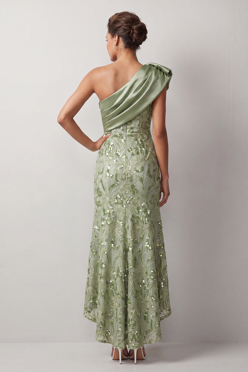Floral Green Sparkly Sequin One Shoulder High-Low Mother of the Bride Dress