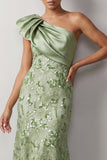 Floral Green Sparkly Sequin One Shoulder High-Low Mother of the Bride Dress