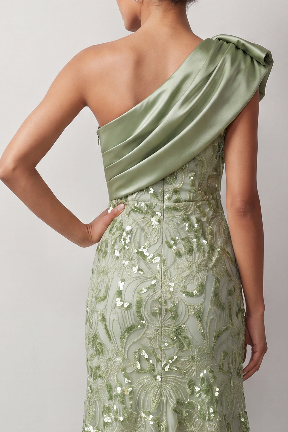Floral Green Sparkly Sequin One Shoulder High-Low Mother of the Bride Dress