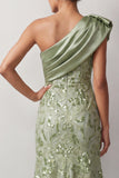 Floral Green Sparkly Sequin One Shoulder High-Low Mother of the Bride Dress