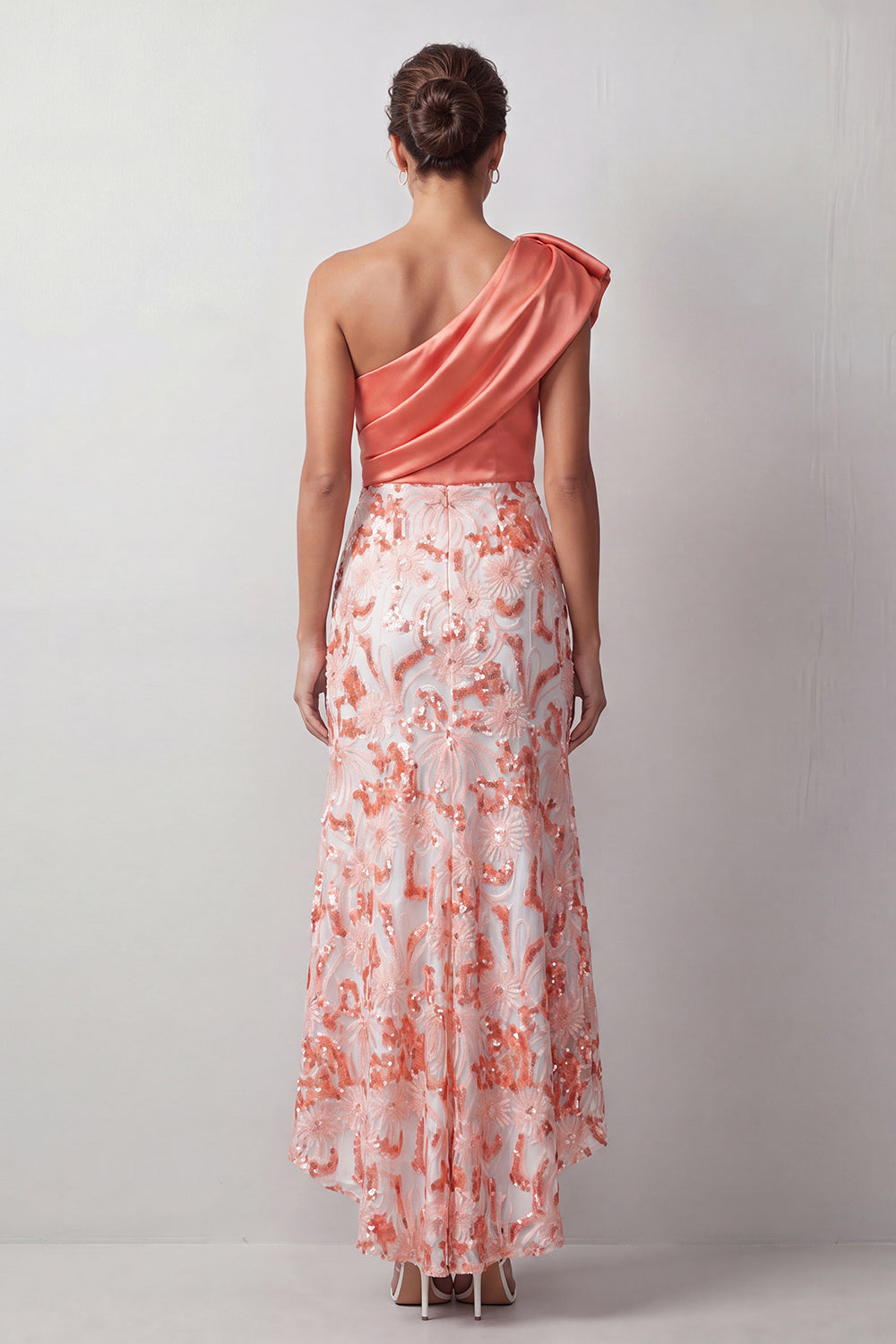 Floral Green Sparkly Sequin One Shoulder High-Low Mother of the Bride Dress