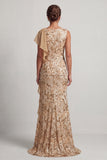 Sparkly Floral Watermelon Sequin Mermaid Ruffled Long Mother of the Bride Dress