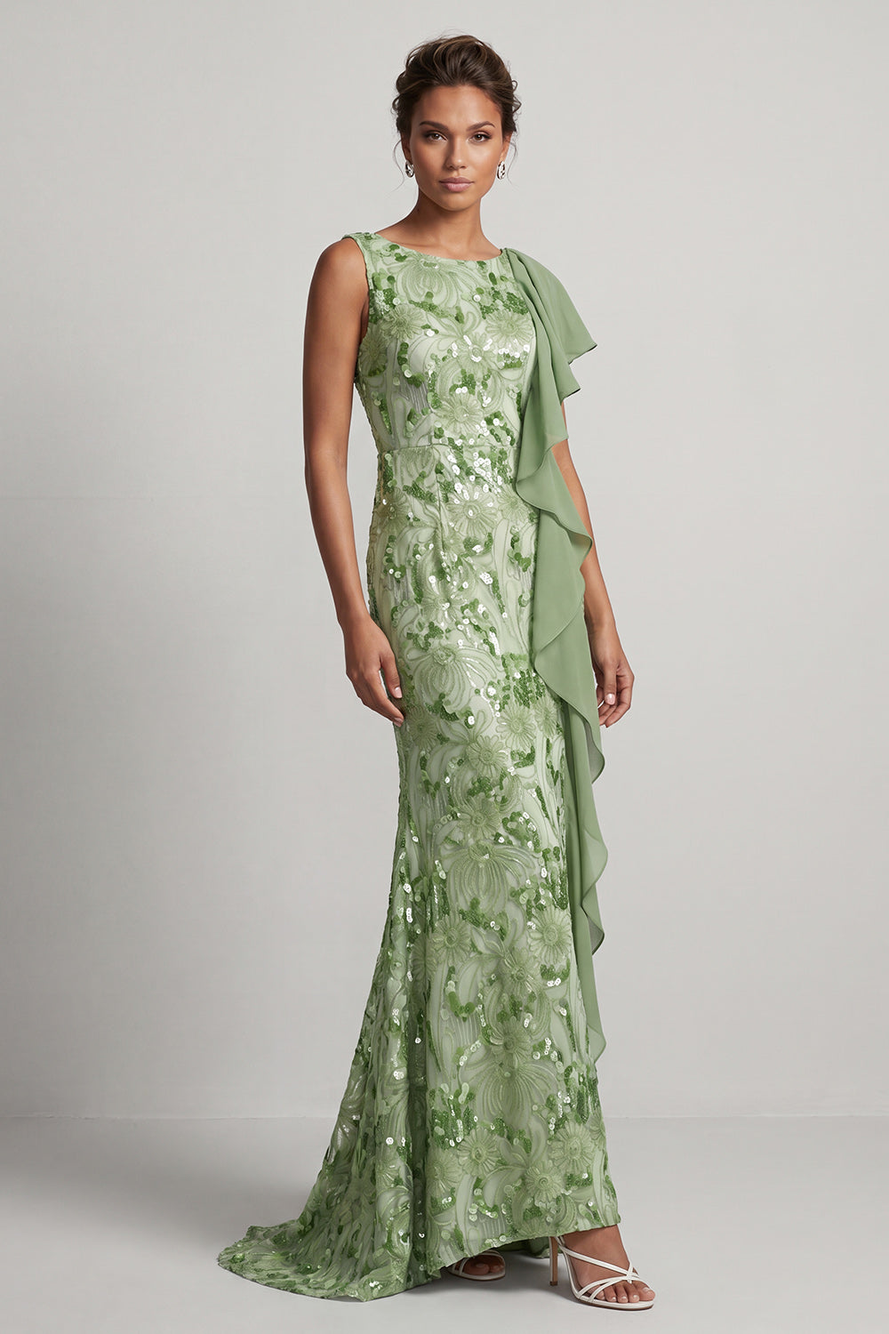 Sparkly Floral Watermelon Sequin Mermaid Ruffled Long Mother of the Bride Dress