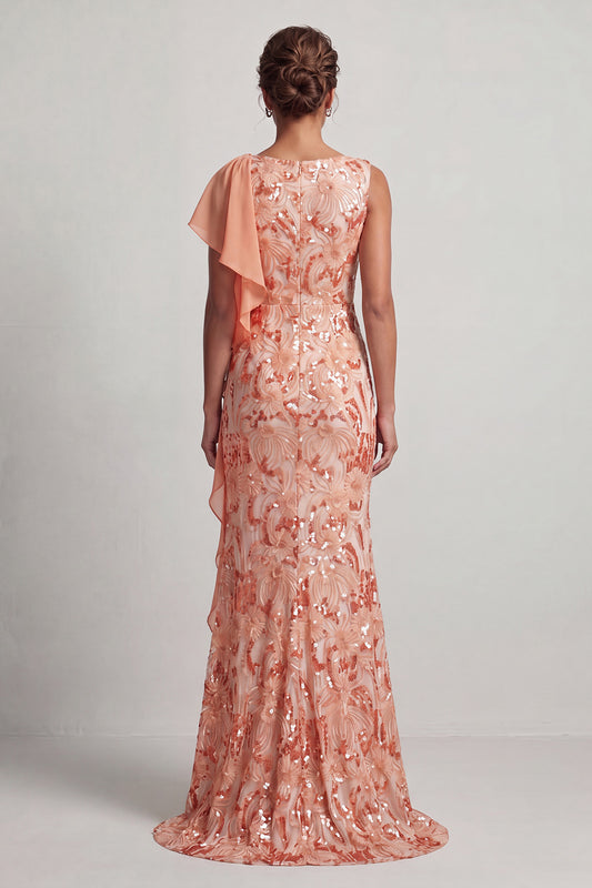 Sparkly Floral Watermelon Sequin Mermaid Ruffled Long Mother of the Bride Dress