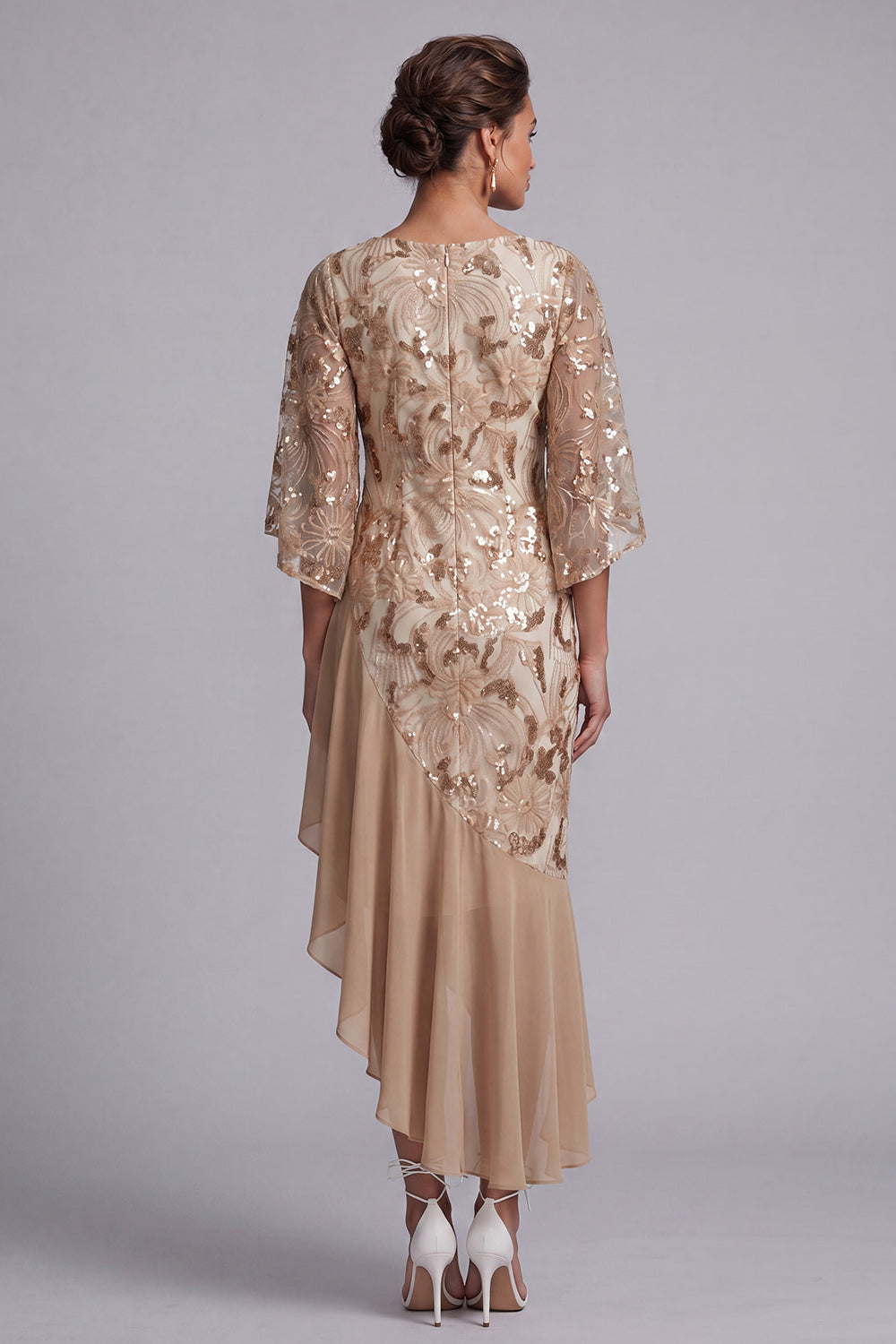 Floral Champagne Sparkly Sequin Mermaid Asymmetrical Mother of the Bride Dress